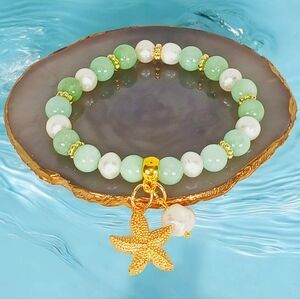 Chrysoprase Pearl & Starfish Charm Bracelet Mermaidcore Beachy Nautical Coastal